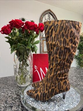 Impo Leopard-Print memory foam mid calf kitten heel boots NEW 7